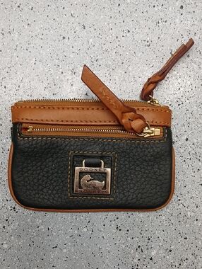 Dooney & Bourke Black Pebbled Leather Coin Purse with Tan Trim and Tassel